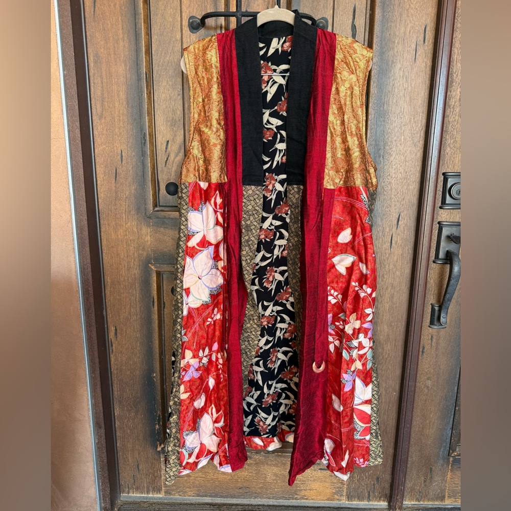 Vintage sleeveless kimono, Robe patchwork reversible copper/ decoration rings